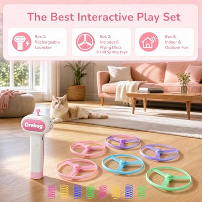 Cat Fetch Toy Launcher,Flying Disc Launcher Toy Rechargeable with 6 Flying Discs and 8 Coil Spring Toys,Flying Cat Toy Disc Launcher for Kitten Dog Playing Interactive Hunting Tracking Toys,Pink - color: Pink