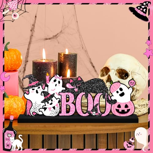Halloween Decorations for Home Pink Ghosts Metal Sign, Cute Ghosts Black Cat Table Decor Rustic Farmhouse Halloween Tiered Tray Decor Metal Word Sign Tabletop Centerpiece for Home Mantel Shelf Desk - style: Pink Ghosts