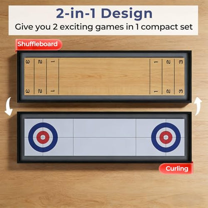 GYMAX Shuffleboard and Curling 2 in 1 Board Game, Portable 2-Sided Tabletop Wooden Shuffle Board and Curling Combo Game Set with 8 Rolling Pucks for Family Friends Indoor
