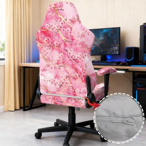 Suobstales Cherry Blossom Marble Pattern Gaming Chair Cover with 2 Armrest Covers, Non Slip Game Chair Cover with Zipper, Dustproof Washable Gaming Chair Seat Cover, Set of 4 - color: Cherry Blossom Marble