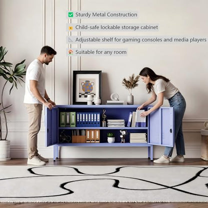 Purple Metal Accent Cabinet Locker with Lock, 2-Door Wide Storage Cabinet, Adjustable Shelves, Multifunctional TV Stand & Entertainment Center for Bedroom, Living Room - color: Lilac, style: TV stand-24"H-LK