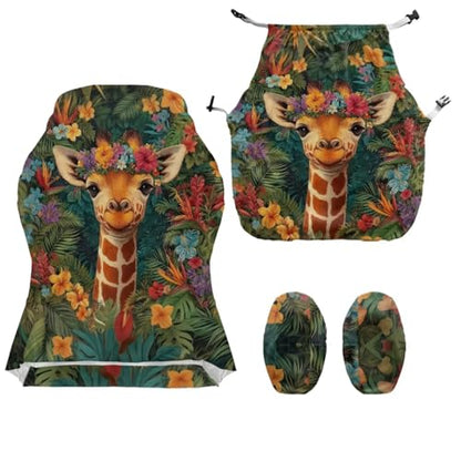 Giraffe Print Gaming Chair Cover with Armrest Covers Tropical Plants Print Stretchable Washable Computer Office Chair Seat Slipcovers Universal Fit for Desk/Swivel/Rotating Chairs Protector - color: Brown and Green - Giraffe Tropical Plants