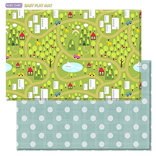Baby Care Play Mat (Large, Playful - Country Town (Blue)) 82'' x 55'' Original One-Piece Reversible Rollable Waterproof Play Mat for Infants, Babies, Toddler, and Kids - color: Playful - Country Town, size: Large