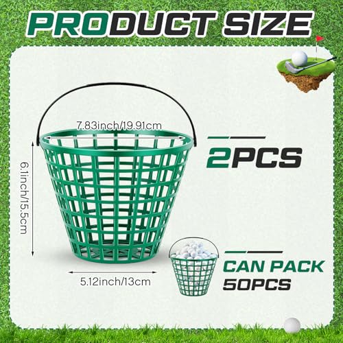 Halloscume 2 Pcs Golf Ball Basket, Small/Large Can Hold 50/75/100 Balls Golf Container with Handle Holder Contain Stadium Accessories Storage Bucket for Sport Practice (8 x 6 Inch,Green) - size: 8 x 6 Inch