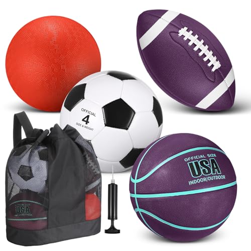 Deekin 4 Pcs Sport Balls Set for Kids Teens, Include Official Size Basketball Soccer Football Playground Ball and Pump Sports Equipment Bag Sports Gift(Purple, Teal) - color: Purple, Teal