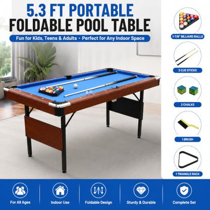 5.3 FT Pool Table Portable Foldable Billiards Table for Kids & Adults with with Balls, Cues, Chalk, Rack & Brush, Compact Space-Saving Game Table for Family Game Room & Office - color: Brown+Blue