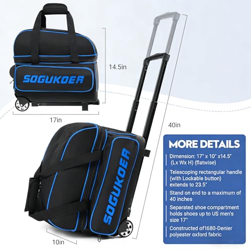 2 Bowling ball Bag with Wheels, Lightweight Trolley Double Ball Bowling bag with Large Separate Shoe Compartment and Oversized Accessory Pocket, Retractable Handle Extends To 39.5" - color: Black & Blue