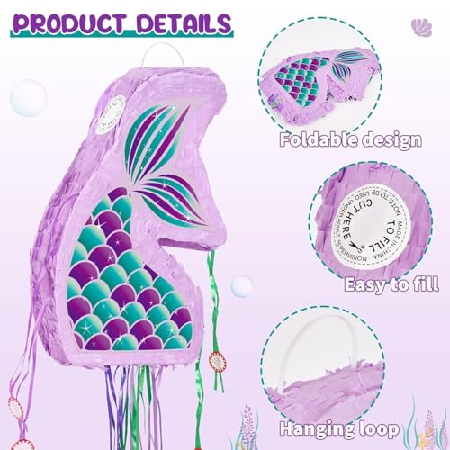 WERNNSAI Foldable Mermaid Piñata - Pull String Mermaid Birthday Party Supplies Mermaid with Blindfold Bat and Tassels Mermaid Party Decoration Games Folding Purple Mermaid Piñatas for Classroom Game - style: Mermaid-Fold
