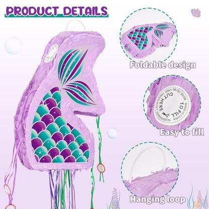 WERNNSAI Foldable Mermaid Piñata - Pull String Mermaid Birthday Party Supplies Mermaid with Blindfold Bat and Tassels Mermaid Party Decoration Games Folding Purple Mermaid Piñatas for Classroom Game - style: Mermaid-Fold