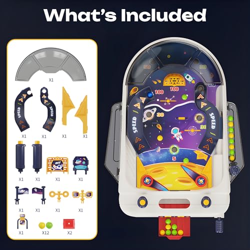 Tabletop Pinball Machine — Space Board Game with Obstacles, Pull-Rod Launcher, Two-Hand Controls, Ball Storage Tray, 1-2 Player Arcade Games for Kids Ages 3+ - style: Space