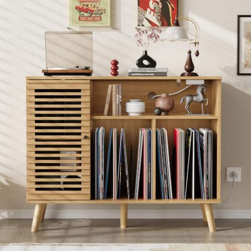 Furnify Record Player Stand with Charging Station, Mid-Century Turntable Stand with Slatted Doors, 40" W Record Player Table Holds Up to 350 Albums Vinyl Storage Display Shelf for Living Room, Oak - color: Oak