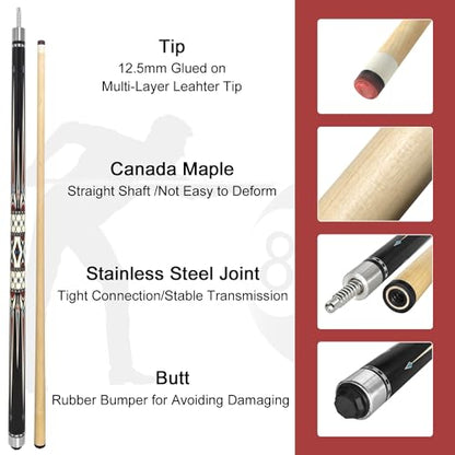 2-Piece Canadian Maple Pool Cue Stick with Portable Hard Case -12.5mm Leather Tip, 58" Billiard Sticks 19 oz/ 20 oz - Precision Crafted for Straight Shots and Balanced Performance - style: Black-20 oz