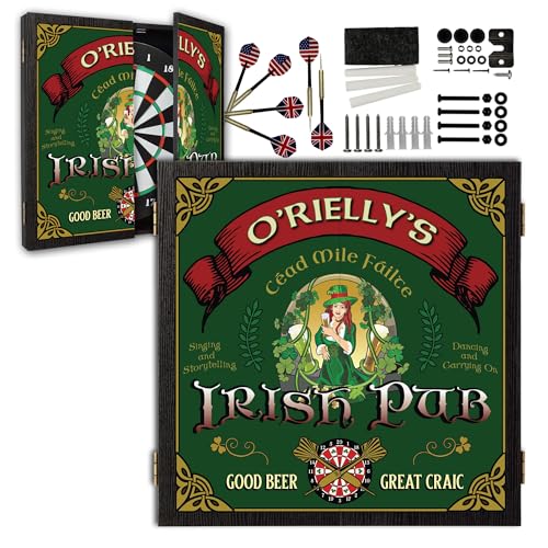 Personalized Dart Board Cabinet Set with 6 Steel Tip Darts, Paper Dartboard, Chalk & Eraser (21.5 x 21.5 x 2.75) - Man Cave Dart Boards for Adults - style: Beer Girl Irish Pub