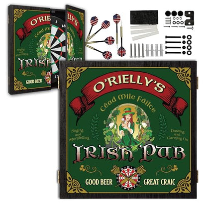 Personalized Dart Board Cabinet Set with 6 Steel Tip Darts, Paper Dartboard, Chalk & Eraser (21.5 x 21.5 x 2.75) - Man Cave Dart Boards for Adults - style: Beer Girl Irish Pub