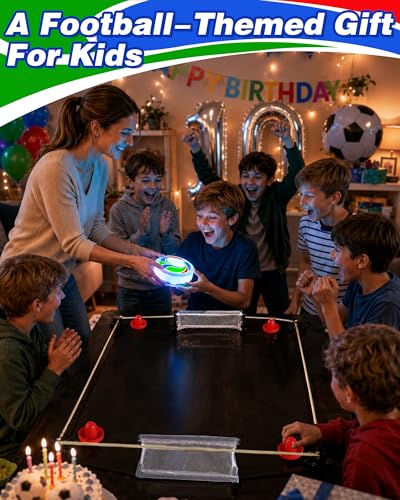 Rechargeable Tabletop Air Hockey Game with Soccer-Style LED Hover Puck, Table Top Hockey Game with Elastic Band Rebound Boundaries, 2-4 Player Indoor Table Game, Soccer Gift Idea for Family & Friends