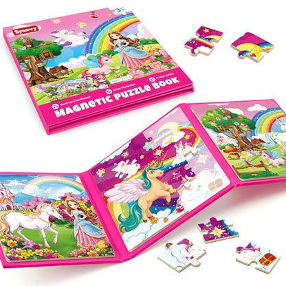 SYNARRY Unicorn Princess Fairy Magnetic Puzzles for Toddlers 3-5 Girls, 20 Pieces Travel Puzzles for Kids Ages 4-6, Easter Basket Stuffers for Kids, Car Airplane Road Trip Activities Magnet Games Toy - style: Unicorn