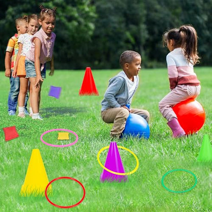 JOY SPOT! Carnival Outdoor Games Combo Set for Kids, 18 Inch Hopper Balls with Handles, Ring Toss, Bean Bags, Egg Spoon Relay Race, Fun for Backyard, Field Day, School, Birthday Parties, Family Events - style: Standard