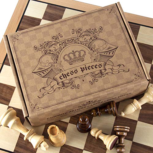 AMEROUS Chess Pieces Only, Wooden Hand Carved Tournament Chessmen with 4.12" Inches King, 2 Storage Bags for Chess Board Game, Replacement of Missing Pieces