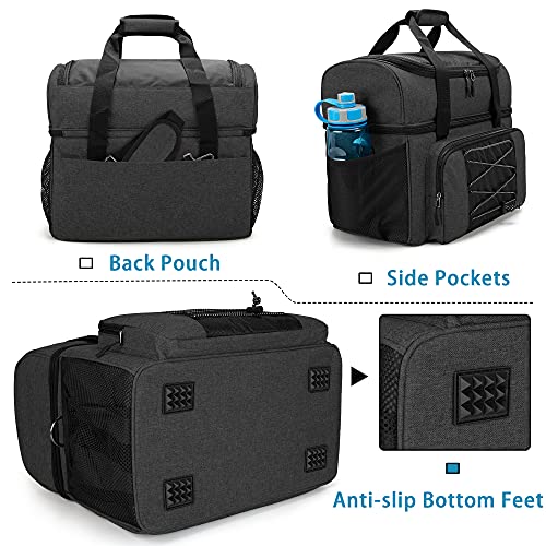 DSLEAF Bowling Bag for 2 Balls, Bowling Tote with Wooden Bowling Cups and Padded Divider for Double Ball and A Pair of Bowling Shoes Up to Mens 16 and Extra Essentials (Patent Design), Bag Only - color: black