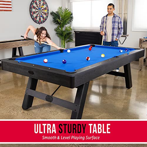 GoSports 8 ft Pool Tables with Wood Finish - Choose Your Style - Modern Billiards Table with 2 Cue Sticks, Balls, Rack, Felt Brush and Chalk - color: Blue, Black Wood Finish