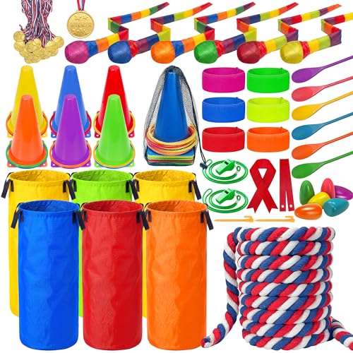 LINAYE Field Day Games for Kids Adults, Outdoor Activities Carnival Lawn Yard Family Reunion Survivor Games Tug of War Rope, Potato Sack Race Bags, Ring Toss, Throw and Catch Ball for Birthday Party