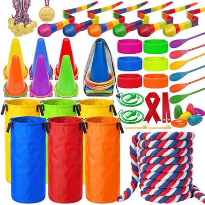 LINAYE Field Day Games for Kids Adults, Outdoor Activities Carnival Lawn Yard Family Reunion Survivor Games Tug of War Rope, Potato Sack Race Bags, Ring Toss, Throw and Catch Ball for Birthday Party
