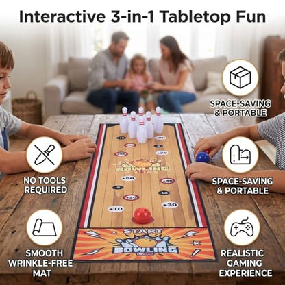 banapoy Mini Bowling Set with Mat, Bowling Pins, Balls, Tabletop Interactive Game for Kids Indoor Toddler Boys Girls, Home Family Friends Party Game, Easy to Set Up