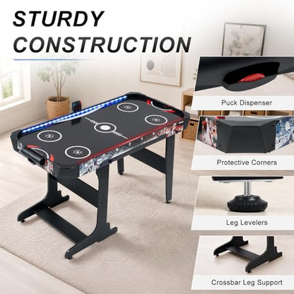 RAYKEEP 57 Inch Foldable Air Hockey Table with LED Lights, Indoor Arcade Game Table w/ 2 Pushers, 2 Pucks, Powerful 12V Motor for Kids & Adults, Home Game Room Office