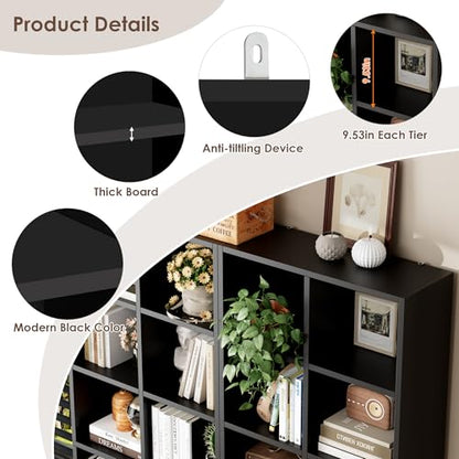 FOTOSOK 71'' Tall Bookshelf with 14 Cubes, 7 Tier Double Wide Black Bookshelf with 6 Adjustable Shelves, 19.6" Narrow Bookcase DVD/CD Media Storage, Space Saving Display Shelf Cabinet, Black - color: Black