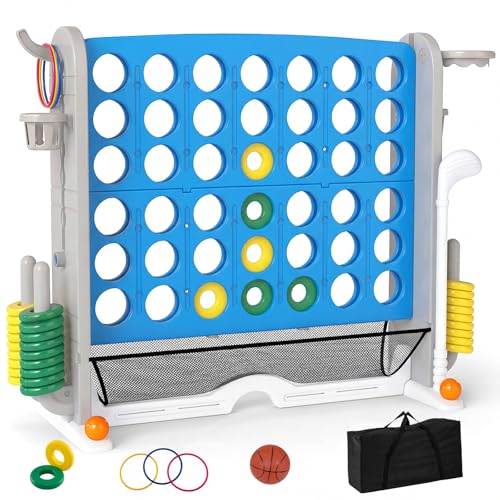 OLAKIDS Giant Connect Game Outdoor, 4 in A Row with Adjustable Height, Mesh Net, Carry Bag, Golf, Basketball Hoop, Ring Toss, Cup Holder for Kids Adults Indoor Backyard (Blue) - color: Blue
