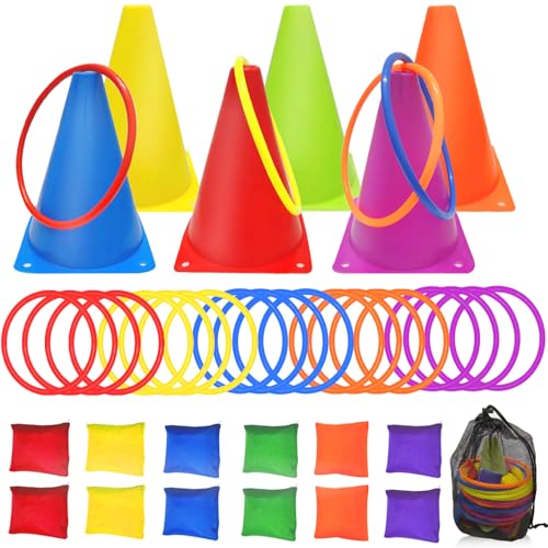 3 in 1 Carnival Games Set,39PCS Soft Plastic Cones Cornhole Bean Bags Ring Toss Game,Carnival Combo Set Toss Games for Kids Adult Birthday Party Indoor Outdoor Games Supplies,Yard Lawn Games