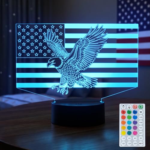 American Flag Eagle 3D Night Light, Gifts for Veterans Men | USA Patriotic Desk Decor, Ideal Birthday Christmas, 16 Colors Illusion Lamp with Remote & Timer - color: Eagle Flag