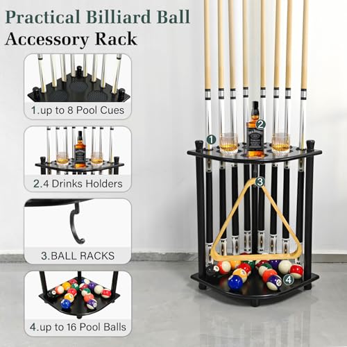 Pool Stick Holder Floor Stand, Pool Cue Rack Holder up to 8 Cues Sticks, Solid Wood Billiards Stick Holder Pool Stick Stand Corner for Game Room, Club,Pool Table Accessories (Black) - style: Black
