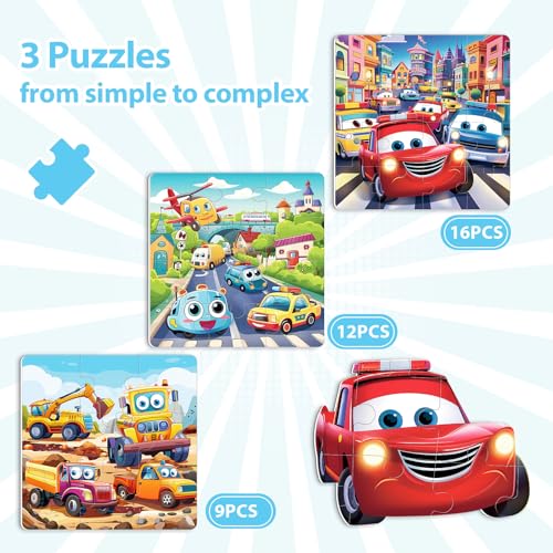 Magnetic Car Puzzles for Toddlers 3-5, 9-12-16 Pieces - Ages 4-6 - Educational Learning Toys for Boys & Girls - style: Car