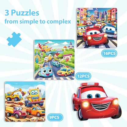 Magnetic Car Puzzles for Toddlers 3-5, 9-12-16 Pieces - Ages 4-6 - Educational Learning Toys for Boys & Girls - style: Car