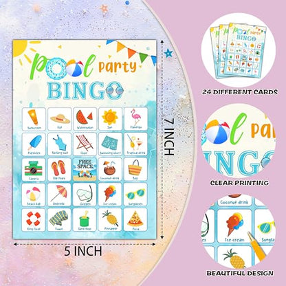 Pool Party Bingo Cards, Summer Bingo Games for 24 Players, Pool Party Games for Family Friends Large Group Activities, Pool Party Favors Supplies Decorations(21) - style: Pool