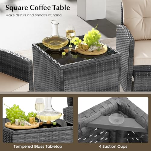 Tangkula 5 Pieces Patio Conversation Set, PE Wicker Rattan Outdoor Furniture Set with 2 Chairs, 2 Ottomans & Tempered Glass Coffee Table, Ideal for Poolside, Backyard, Lawn, Deck, Mix Grey & Beige - color: Mix Grey & Beige