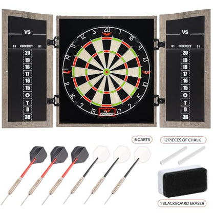 Dartboard Cabinet Set with 18" Bristle Dartboard - Self-Healing Sisal, 6 Steel Tip Darts, Scoreboard & Chalk - All-in-One Game Room Set for Home, Bar, Garage (Gray)