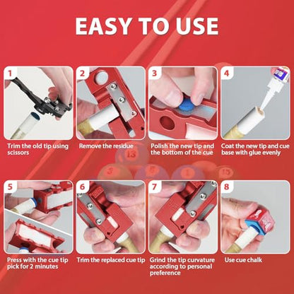 11-in-1 Billiards Pool Cue Tip Shaper, Pool Cue Tips Replacement Kit, Pool Cue Tips,Pool Cue Tip Tool for Replacement and Shaping Cue Tips - color: Red