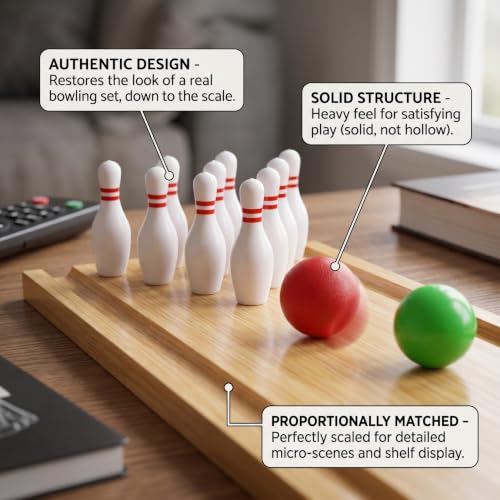 Mini Bowling Set, 10 Mini Bowling Pins & 2 Balls Plastic Dollhouse Accessories for DIY Scene Landscape Set