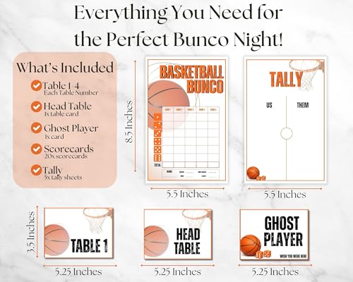 Basketball Bunco Game Set – Sports Theme with Scorecards, Tally Sheets, Table Cards & Ghost Player – Fun Dice Game Kit for Adults, Christmas Parties & Girls Night