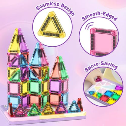 42-Piece Mini Magnetic Tiles Travel Set with Metal Storage Box - Portable STEM Building Blocks for Kids Ages 3-8, Montessori Educational Toys for Airplane & Car Rides, Gift for Boys & Girls - size: 42 Pieces