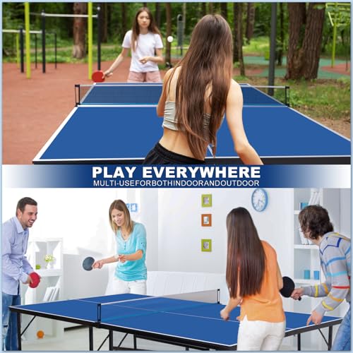 Portable Ping Pong Table, Foldable Indoor Table Tennis Game with 2 Paddles 2 Balls and Net, Quick Assembly Folding Table for Adults and Teens Home Game Room - color: 9ft-blue