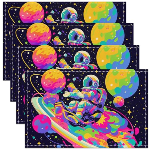 Colorful Astronaut Kids Placemats 12x18 Inch Set of 4 Rainbow Stripes Street Art Hippie Graffiti Table Mats for Boys Girls Teens Cartoon Stars Planets Kitchen Mats for Dining Table - color: Yellow Blue Pink Green