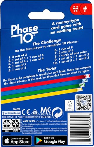 Mattel Games Phase 10 Card Game with 108 Cards, Makes a Great Gift for Kids, Family or Adult Game Night, Ages 7 Years and Older (Amazon Exclusive) - style: Phase 10