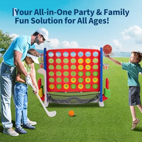 Adjustable Height Giant 4-to-Score Game, 4-in-1 Jumbo Connect Four with Basketball Ring Toss Golf, Quick Release Design, Indoor Outdoor Family Yard Game, Red