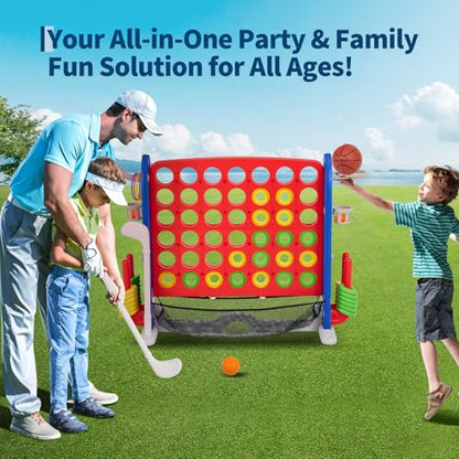 TrailBlaze Giant 4-in-1 Floor Board Game Set – Four-in-a-Row, Basketball, Golf & Ring Toss – Adjustable Height – Mesh Board & Carry Bag – Outdoor & Indoor Family Game for Kids & Adults, Parties – USA