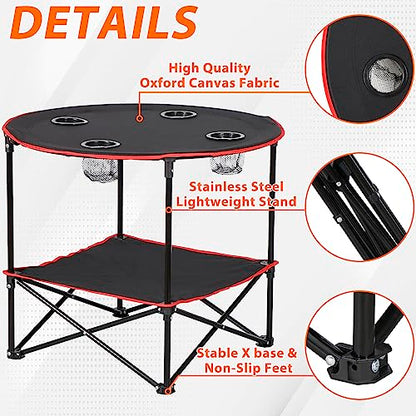 SUPER DEAL Portable Folding Picnic Camping Table with Storage Bag and 4 Cupholders, 2-Tiers Round Outdoor Camping Beach Table, Black