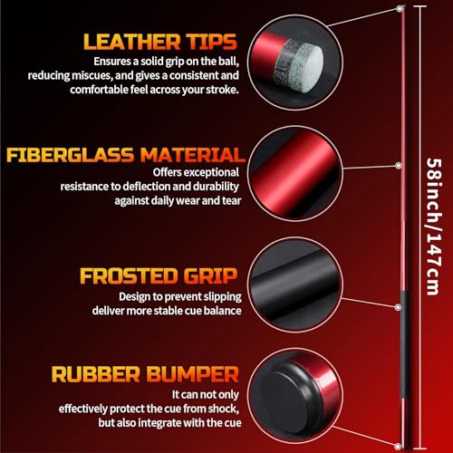 KMISE Fiberglass Graphite Composite Pool Cue Sticks 20oz 13MM Cue Tip One-Piece 58inch Professional Pool Cue Low-Deflection Billiard Cue Sticks Set of 1/4 for Home & Bar Play Black Red Color Available