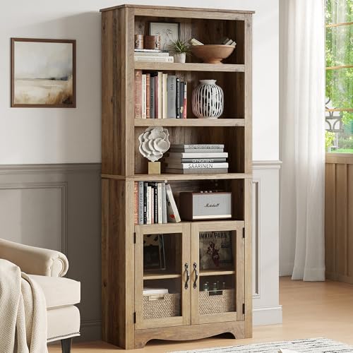 LINSY Bookshelf with Doors, 6 Shelf Bookcase Tall Bookshelves, 73" Farmhouse Book Shelf with Storage Cabinet, Wood Book Shelves for Living Room, Bedroom, Office, Rustic Brown - color: Brown